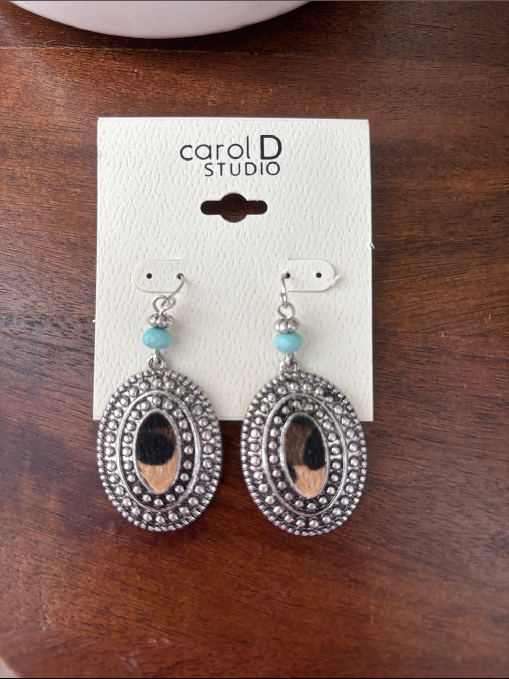 Carol D Studio Calf Hair leopard print,oval disk,turquoise stone,fishook,Western